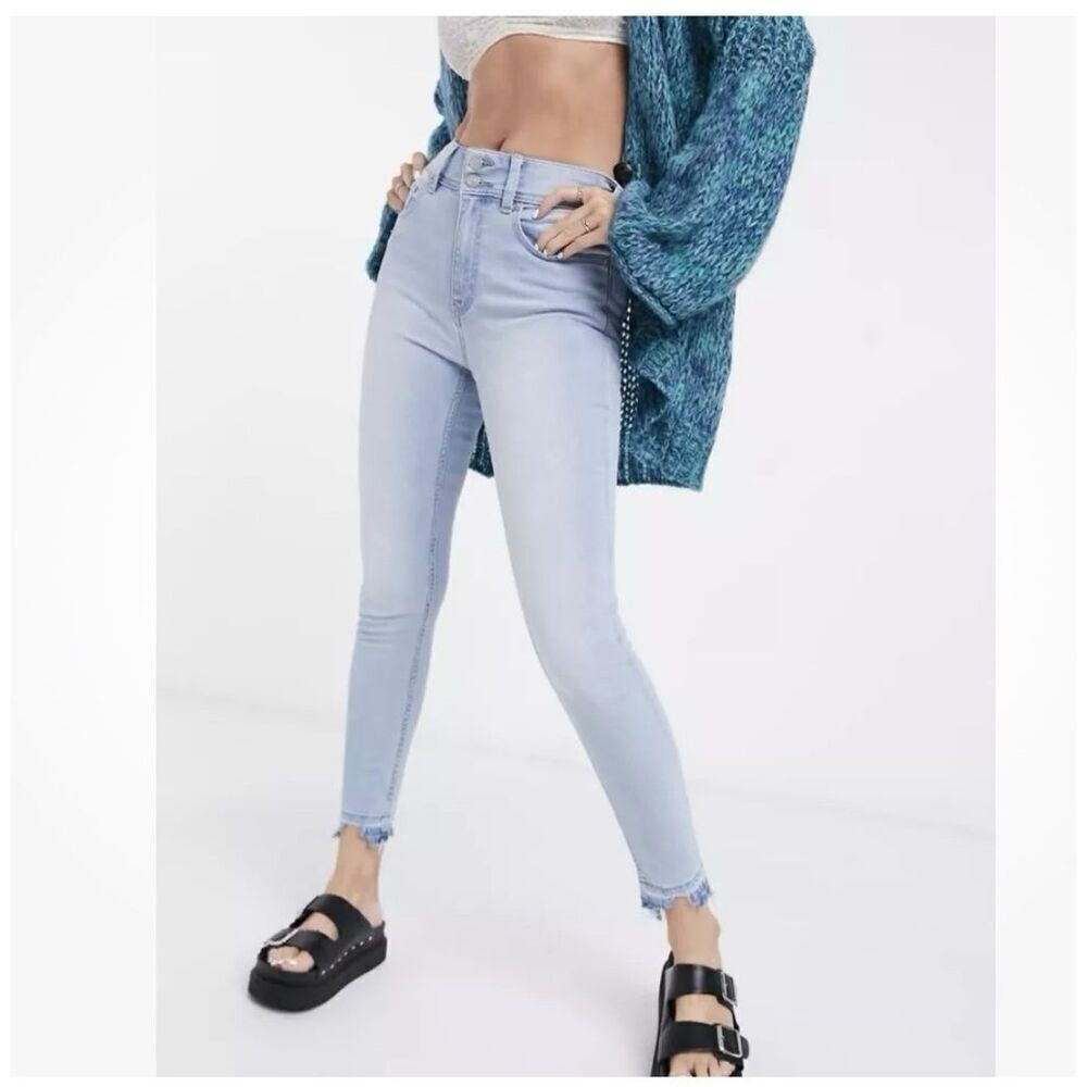Free People WE THE FREE Wild Child Skinny Jeans 25 Havana Blue Frayed Hem Boho